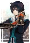  black_hair blue_eyes clenched_hand coat eiitoguchi_uka fist gauntlets highres jude_mathis male serious solo tales_of_(series) tales_of_xillia 