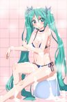  bathing bikini choker green_eyes green_hair hatsune_miku highres j_(shining-next) long_hair stool suds swimsuit twintails vocaloid 