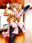  absurdres alternate_costume apron arms_up black_hair blonde_hair breasts casual contemporary dearmybrothers from_behind frying_pan hair_ornament highres jeans kitchen large_breasts long_sleeves multicolored_hair open_mouth orange_eyes shirt short_hair smile solo spatula striped striped_shirt toramaru_shou touhou turning two-tone_hair waist_apron 