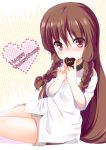  1girl braid brown_hair heart highres long_hair original red_eyes shirasu_youichi solo tenihaba_nana twin_braids valentine 