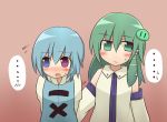  2girls arm_behind_back arms_behind_back blue_eyes blue_hair blush detached_sleeves green_eyes green_hair heterochromia himegi kochiya_sanae long_hair multiple_girls red_eyes short_hair snake spoken_blush tatara_kogasa touhou 