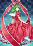 bad_id bow checkered checkered_background curtsey dress green_eyes green_hair hair_bow kagiyama_hina long_hair marker_(medium) shiyun skirt_hold slip_skirt solo touhou traditional_media