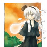  alternate_costume grey_eyes hair_ribbon heavy_breathing hitodama katana konpaku_youmu konpaku_youmu_(ghost) nobamo_pieruda ribbon shinai short_hair solo sweat sword touhou towel weapon white_hair 