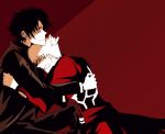  aoto0000 archer bad_id black_hair emiya_kiritsugu fate/stay_night fate_(series) father_and_son hug male multiple_boys red_background tears 