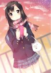  bag black_hair blush checkered checkered_skirt fence french hair_ornament hairpin holding jacket lights original plaid plaid_scarf plaid_skirt pun2 purple_eyes red_sky scarf school_uniform shirt shopping_bag shoulder_bag skirt sky solo stuffed_toy violet_eyes 