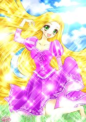  absurdres barefoot blonde_hair disney dress green_eyes highres long_hair open_mouth rapunzel_(disney) shoko-tan smile sparkle sparkling tangled very_long_hair 