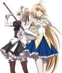  2girls absurdres ahoge alternate_costume archetype_earth arcueid_brunestud back back-to-back blonde_hair brown_eyes carnival_phantasm enmaided fate/stay_night fate_(series) frills highres magical_girl maid maid_headdress multiple_girls red_eyes saber saber_alter slip_skirt thighhighs transparent_background tray tsukihime vector_trace 