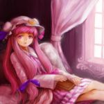  bed book brooch crescent_moon curtains hat jewelry kutouten long_hair moon patchouli_knowledge pillow pink_eyes pink_hair sitting solo striped touhou window 