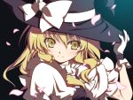  blonde_hair bow bust face gloves hand_on_hat hat hat_bow holding holding_hat kirisame_marisa long_hair petals smile solo touhou white_gloves witch witch_hat yellow_eyes yumeno_mikan 