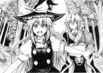  2boys ahoge bow buttons demon glasses hair_bow hat hat_bow hidefu_kitayan horn kirisame_marisa long_hair monochrome morichika_rinnosuke multiple_boys mushroom open_mouth sharp_teeth touhou tree witch witch_hat 