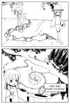  bow cirno closed_eyes comic english eyes_closed frozen_lake gods&#039;_crossing gods'_crossing hair_bow hat hat_removed headwear_removed holding holding_hat ice_trail magic:_the_gathering monochrome moriya_suwako multiple_girls short_hair sixten skating smile spell_card touhou 