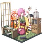  bird birdcage blush book bow cage flower hair_flower hair_ornament hieda_no_akyuu japanese_clothes leaf maple_leaf purple_eyes purple_hair scroll seiza shirofox short_hair sitting smile solo sparrow tatami touhou violet_eyes 