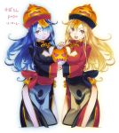  blonde_hair blue_hair blue_skin breasts character_request china_dress chinese_clothes cleavage cleavage_cutout hair_over_one_eye hat holding jack-o&#039;-lantern jack-o'-lantern jiangshi long_hair looking_at_viewer multiple_girls ofuda open_mouth orange_eyes pumpkin purple_eyes sash sengoku_collection side_slit simple_background smile super_zombie violet_eyes 