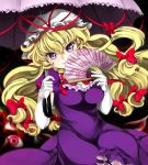  blonde_hair dress elbow_gloves eyes fan folding_fan gloves hair_bow hat long_hair ninamo paper_fan parasol purple_eyes solo touhou umbrella violet_eyes yakumo_yukari 