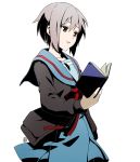  a-ka book book_focus brown_eyes cardigan grey_hair nagato_yuki school_uniform serafuku short_hair simple_background solo suzumiya_haruhi_no_yuuutsu white_background 