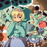  alice_margatroid blonde_hair blue_eyes blush creeparka creeper crossover hairband highres hoodie hourai_doll matching_hourai matching_shanghai meracle minecraft multiple_girls parka red_eyes shanghai_doll short_hair skirt skirt_hold tnt touhou wink 