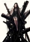  bare_legs bare_shoulders barefoot black_eyes black_hair copyright_request eyebrows gears highres lips long_hair pale_skin shirt simple_background sitting skirt thick_eyebrows very_long_hair watermark white_shirt 