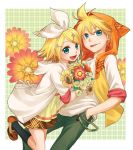  1girl :p aqua_eyes blonde_hair bouquet brother_and_sister casual dress flower hair_ornament hair_ribbon hairclip hoodie junji kagamine_len kagamine_rin open_mouth ribbon short_hair siblings sleeves_rolled_up smile tongue twins vocaloid 