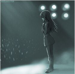  boots closed_eyes eyes_closed idolmaster kikumaru_bunta kisaragi_chihaya long_hair monochrome skirt smile solo 