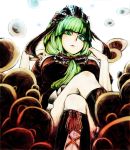  bangs baten_(gei-vorugu) blunt_bangs boots bow colored cross-laced_footwear crossed_legs frills from_below front_ponytail green_eyes green_hair hair_bow highres kagiyama_hina knee_boots lace-up_boots legs_crossed long_hair regura ribbon sitting solo touhou umaten 