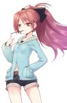  blush bow denim denim_shorts hair_bow hand_in_pocket homura_subaru hooded_jacket mahou_shoujo_madoka_magica mouth_hold navel pocky ponytail red_eyes red_hair redhead sakura_kyouko shorts simple_background smile solo white_background 