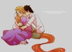  1girl blonde_hair couple disney dress flynn_rider green_eyes hug long_hair maseri_0117 rapunzel_(disney) tangled very_long_hair 