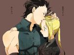  1girl ahoge black_hair blonde_hair couple fate/stay_night fate/zero fate_(series) forehead forehead_kiss formal green_eyes kiss lancer_(fate/zero) licking muscle pant_suit ponytail saber shou_(paix) suit 