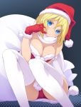  bare_shoulders blonde_hair blue_eyes breasts christmas cleavage gloves hand_on_own_face hand_to_face hat highres kawaty large_breasts looking_at_viewer original sack santa_costume santa_hat scarf short_hair sitting smile solo thigh-highs thighhighs white_legwear 