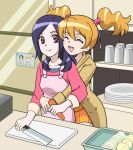  2girls :d apron blonde_hair carrot closed_eyes cooking couple cup cupboard dish fresh_precure! happy higashi_setsuna hug hug_from_behind kitchen kitchen_knife knife momozono_love multiple_girls open_mouth precure purple_hair smile syo-syo twintails yuri 