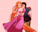  1girl blonde_hair bouquet brown_hair closed_eyes couple disney dress eyes_closed flower flynn_rider green_eyes hug long_hair maseri_0117 open_mouth rapunzel_(disney) smile tangled very_long_hair wink 