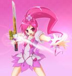  1girl crossover cure_blossom female hanasaki_tsubomi heartcatch_precure! magical_girl open_mouth ot_(gal01) pink_eyes pink_hair ponytail precure samurai_sentai_shinkenger solo super_sentai sword weapon 