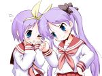 cheek_poke hiiragi_kagami hiiragi_tsukasa kawamura_river long_hair lucky_star poking purple_hair school_uniform serafuku short_hair siblings sisters twins twintails wince wink 
