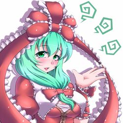  aqua_hair blush bow breasts bust cleavage cleavage_cutout frills front_ponytail green_eyes hair_bow kagiyama_hina large_bow long_hair ribbon ringed_eyes rinmei solo touhou 