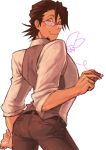  :3 bad_id blush brown_eyes brown_hair butterfly chalk glasses kaburagi_t_kotetsu male oioi pants short_hair simple_background smile solo tiger_&amp;_bunny vest waistcoat 