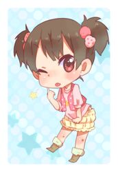  ;p bad_id brown_hair chibi k-on! red_eyes short_hair short_twintails solo sunameri_oishii suzuki_jun tongue tongue_out twintails wink 