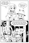  book comic detached_sleeves english frog hat kochiya_sanae long_hair monochrome moriya_suwako multiple_girls short_hair sixten snake touhou yasaka_kanako 