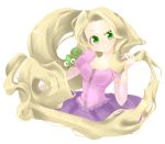  amanako amnk blonde_hair blush disney dress green_eyes long_hair pascal_(tangled) rapunzel_(disney) simple_background smile solo tangled very_long_hair white_background 