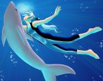  blue_eyes blue_hair bubble cherry_rhymes copyright_request diving diving_suit dolphin feet freediving hair_ribbon long_hair ocean ponytail ribbon swimming underwater water wetsuit 