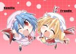  :d ^_^ arm_up ascot bat_wings bibi black_wings blonde_hair blue_hair blush character_name chibi closed_eyes dress eyes_closed fang flandre_scarlet frills from_above gem hat hat_ribbon multiple_girls open_mouth red_eyes remilia_scarlet ribbon siblings sisters smile touhou wings wink 
