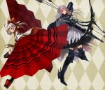  absurdres ahoge argyle argyle_background armor arrow bob_cut bow_(weapon) fan folding_fan geta h2so4kancel highres japanese_clothes kimono long_hair multiple_girls pixiv_fantasia pixiv_fantasia_5 red_eyes silver_hair weapon yellow_eyes 