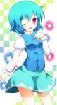  blue_hair hand_on_own_chest hand_to_chest highres open_mouth pink_eyes red_eyes skirt solo taku10 tatara_kogasa touhou wink 