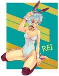  ayanami_rei blue_hair bowtie bunny_ears bunnysuit detached_collar neon_genesis_evangelion red_eyes short_hair siori sitting thigh-highs thighhighs wariza wrist_cuffs 