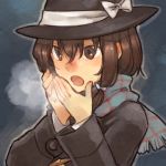  alternate_costume brown_eyes brown_hair bust coat cold hat lowres nakatani open_mouth scarf solo steam touhou usami_renko 