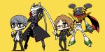  brown_eyes brown_hair chan_co chibi glasses grey_eyes grey_hair hanamura_yousuke hand_in_pocket headphones headphones_around_neck izanagi jiraiya_(persona_4) male multiple_boys narukami_yuu persona persona_4 school_uniform short_hair shrug smile standing wink 