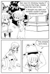  book cirno comic english frog hat hat_removed headwear_removed holding holding_hat ice_wings long_hair monochrome moriya_suwako multiple_girls putting_on_hat short_hair sixten touhou wings 