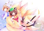  :d animal_ears bad_id blonde_hair brown_eyes brown_hair cat_ears cat_tail chen earrings fang fox_tail hat highres jewelry multiple_girls multiple_tails nekosugiayana open_mouth short_hair smile tail touhou yakumo_ran yellow_eyes 