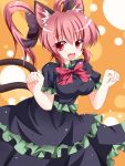  alternate_hairstyle animal_ears bad_id bow breasts cat_ears cat_tail dress fang hair_bow highres kaenbyou_rin kuromari_(runia) multiple_tails open_mouth pink_eyes pink_hair red_eyes solo tail touhou twintails 