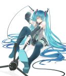  aqua_eyes aqua_hair bare_shoulders blue_legwear cable colored detached_sleeves hatsune_miku highres long_hair microphone microphone_stand nail_polish necktie nicole simple_background sitting skirt solo thigh-highs thighhighs twintails very_long_hair vocaloid 