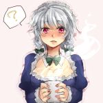  ? adapted_costume bad_id braid breasts bust cleavage cup face hair_ribbon hands highres holding izayoi_sakuya maid maid_headdress mug open_mouth red_eyes ribbon short_hair silver_hair sketch sofy solo the_embodiment_of_scarlet_devil touhou twin_braids 