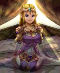  armor backlighting bed blonde_hair blue_eyes breasts cleavage dress earrings elbow_gloves gem gloves jewelry jewels kneeling large_breasts light looking_at_viewer lots_of_jewelry nintendo pointy_ears princess_zelda seiza shoulder_pads sitting smile solo sunbeam sunlight the_legend_of_zelda tiara tomatama twilight_princess 